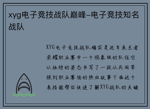 xyg电子竞技战队巅峰-电子竞技知名战队