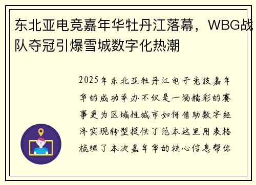 东北亚电竞嘉年华牡丹江落幕，WBG战队夺冠引爆雪城数字化热潮
